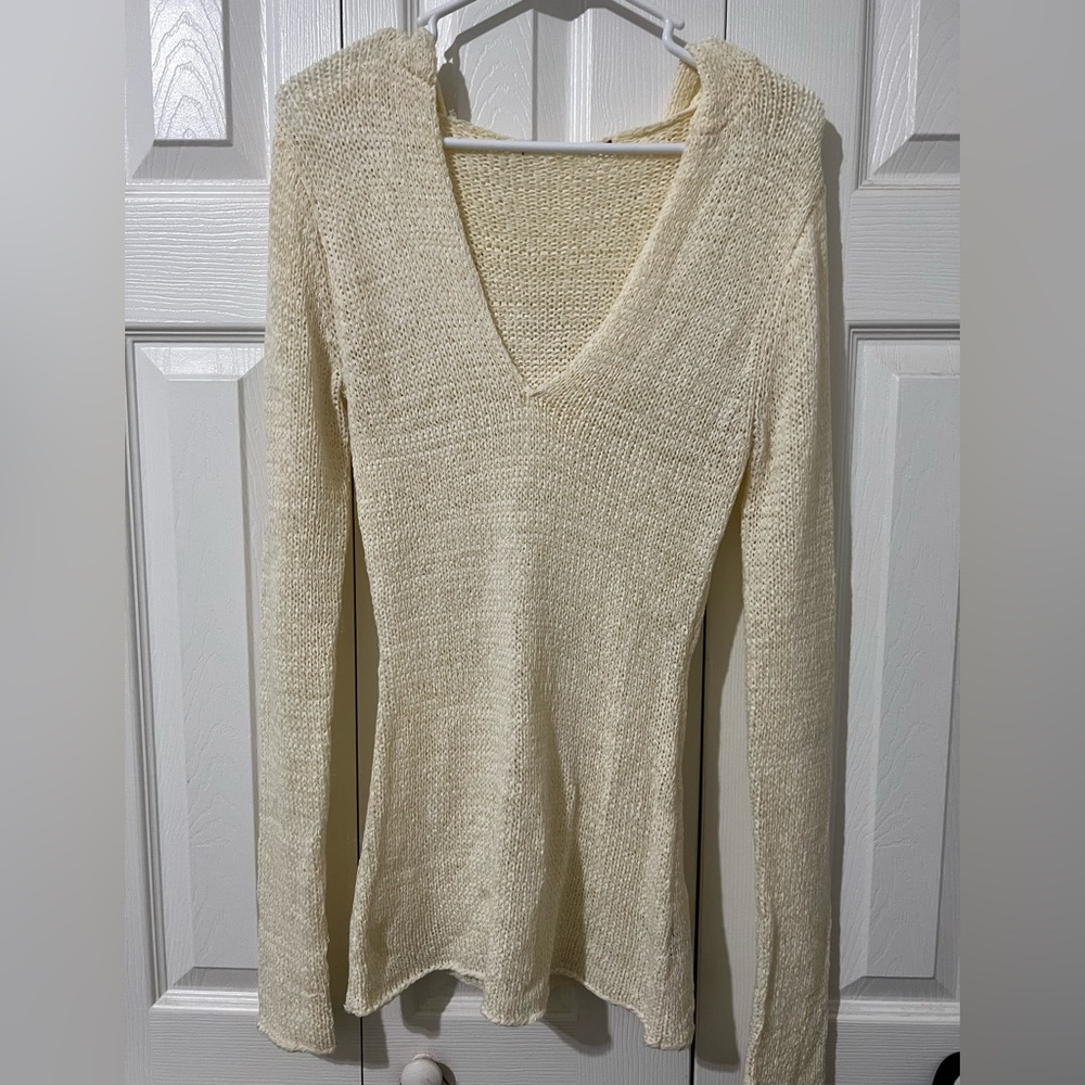 Deep V neck hooded sweater. Size M